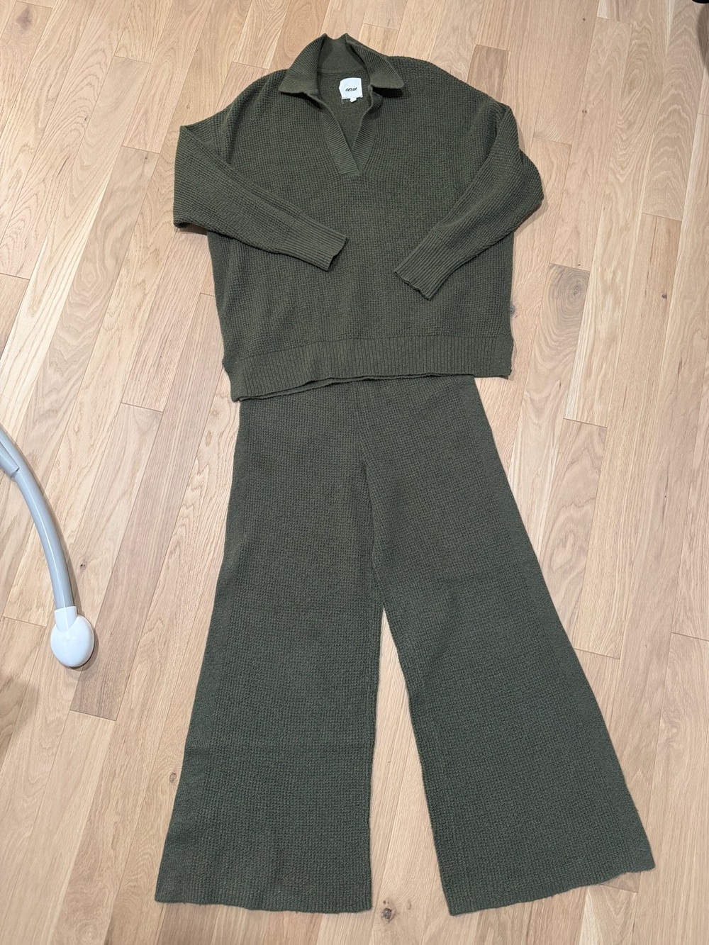 Aerie CozyUp Waffle Polo Sweater & Pant set in Deep Olive Green
